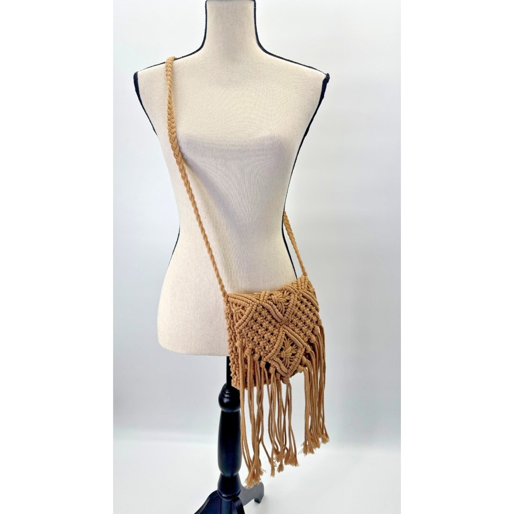 VTG Crochet Knit Macrame Brown Crossbody Purse Bag Boho Festival Cottage Beach